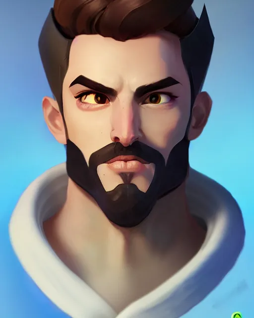 Prompt: overwatch concept art character portrait of a new character who is a young pale man with slicked back hair with soul patch beard and long crooked nose and gaunt cheeks, trending on artstation, cgsociety,