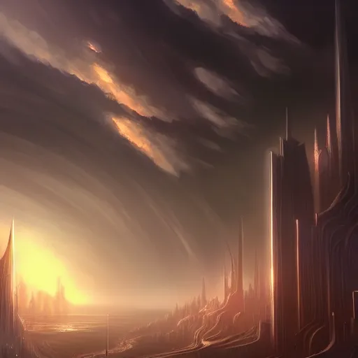 Image similar to empyrean city it the clouds, fantasy, artstation, trending on artstation, professional art