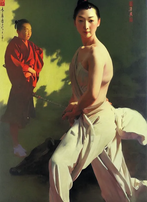 Image similar to yanjun cheng fullbody and portrait of a kabuki samurai by norman rockwell, bouguereau