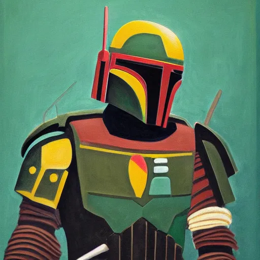 Image similar to textured art deco painting of boba fett, side profile, full body, flying from bottom left to top right, muted greens and browns, geometric, gold and deep purple background with lightning bolt