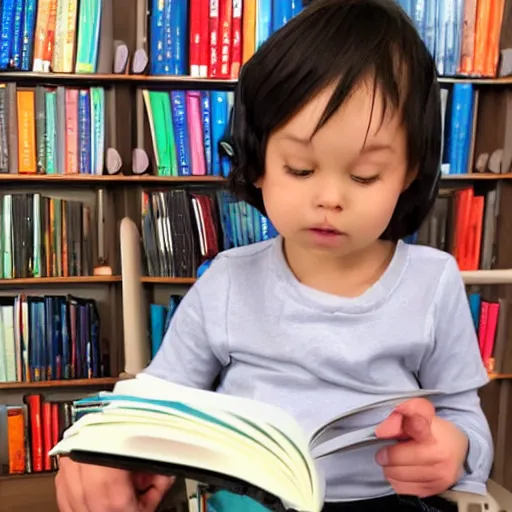 Prompt: a cute adorable phoenix fledgling learning to read in a library +anime