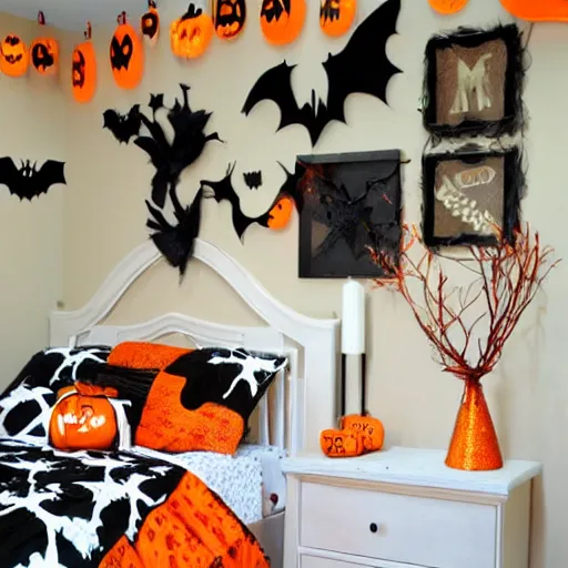 Image similar to homemade maple moth halloween themed christmas bedroom ideas, high resolution, creative, visually appealling