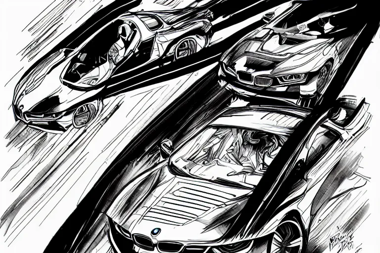 Prompt: bmw i 8, a page from cyberpunk 2 0 2 0, style of paolo parente, style of mike jackson, adam smasher, johnny silverhand, 1 9 9 0 s comic book style, white background, ink drawing, black and white