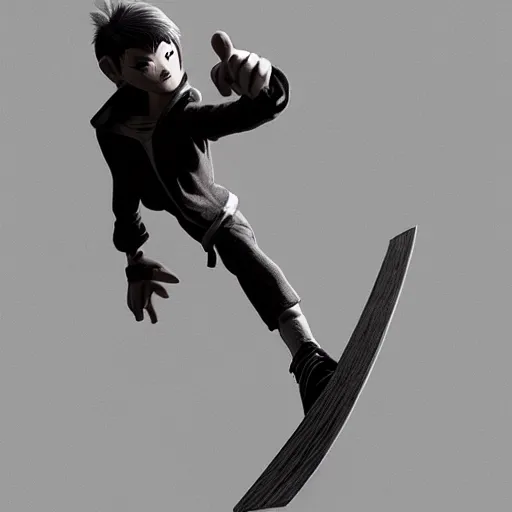 Image similar to rpg character concept art, world champion fingerboarder, in the style of jamie hewlett hiroya oku riyoko ikeda, 3 d render, artstation trending, 8 k, octane render, photorealistic, sharp detail, manga, black and white