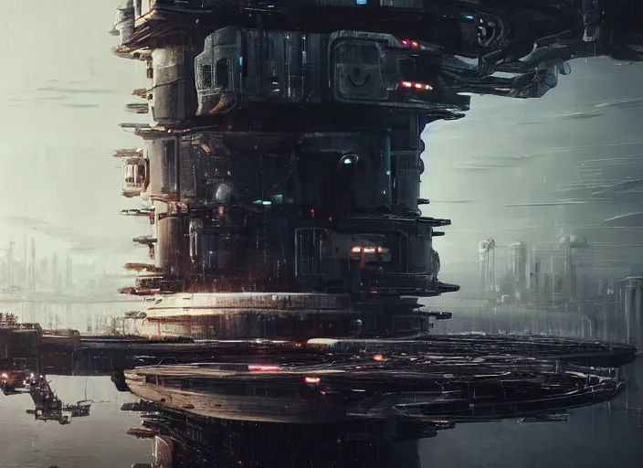Prompt: cult of technology, exterior, cyberpunk, side view, scifi, machines, ocean animals, artificial intelligence!!, ultra realistic, highly detailed, brain in a vat!!, futuristic landscape, citadel, industrial, city, atmosphere, highlighted, cinematic, art by jan urschel and neil blevins