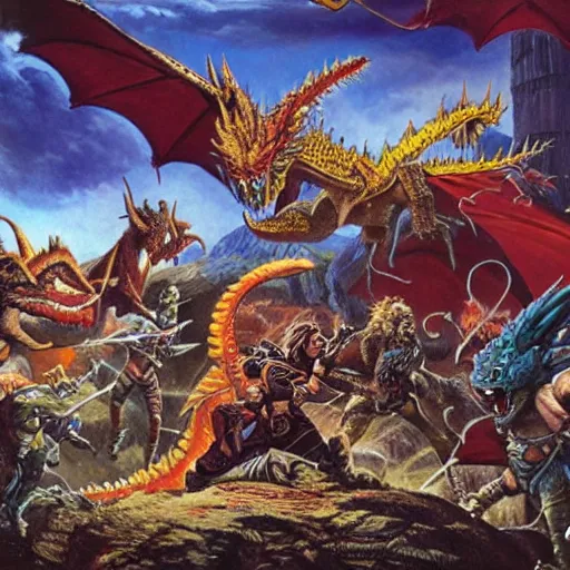 Prompt: a group on adventures fighting a mighty dragon, by Jeff Easley