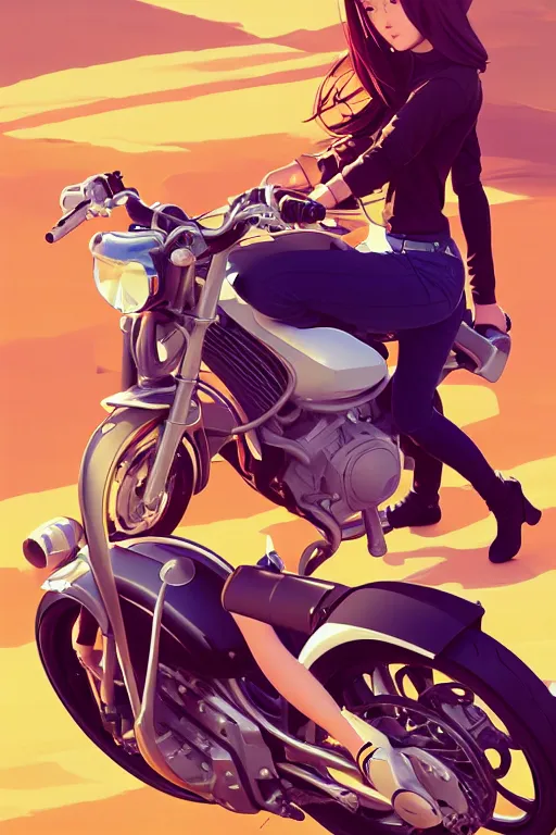 Prompt: a girl on a motorcycle, centered, solid bacgkround, median photoshop filter cutout vector behance, hd by artgerm, jesper ejsing, by rhads, makoto shinkai and lois van baarle, ilya kuvshinov, rossdraws, illustration, art by ilya kuvshinov and gustav klimt