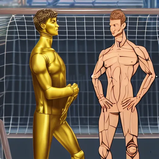 Prompt: a realistic detailed photo of a guy who is an attractive humanoid who is half robot and half humanoid, who is a male android, attractive and handsome soccer players, shiny skin, posing like a statue, blank stare, in a factory, on display, showing off his muscles, gold soccer shorts, side view, looking at each other mindlessly