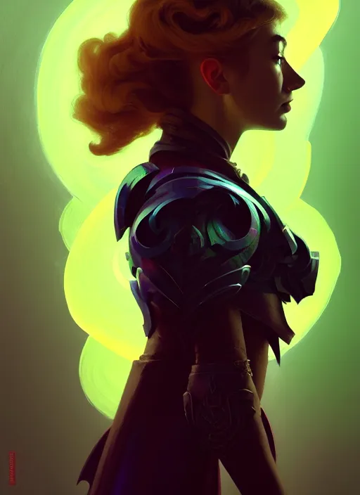 Image similar to side portrait, imogen poots, paladin, fantasy, gloomhaven, luminescent, organic painting, matte painting, bold shapes, hard edges, neon colors, octane render, unreal engine, by greg manchess, huang guangjian, gil elvgren, sachin teng, greg rutkowski, jesper ejsing, ilya kuvshinov