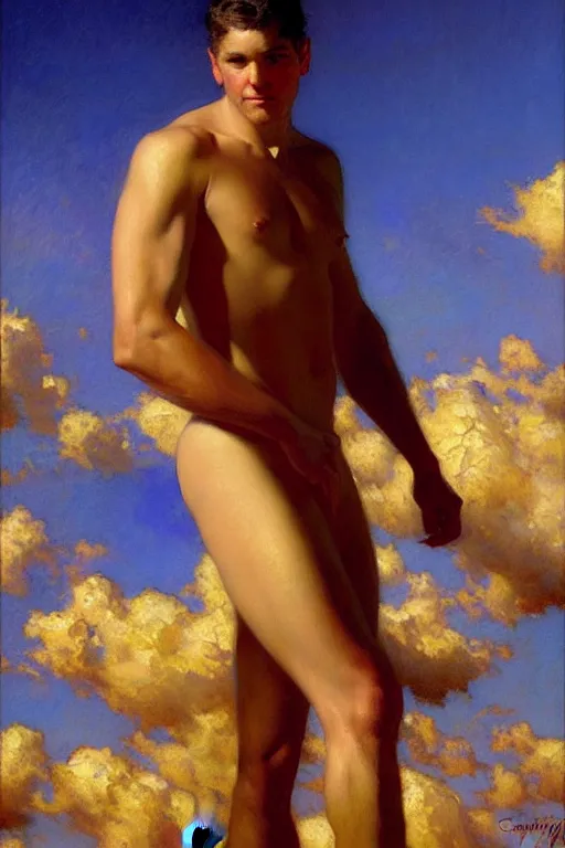 Image similar to attractive male painting sky, painting by gaston bussiere, craig mullins, j. c. leyendecker