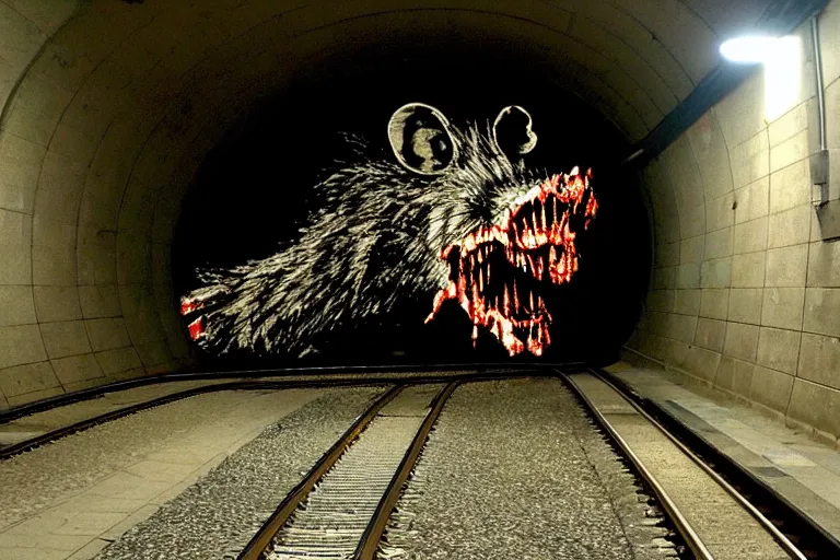 Image similar to very large giant mutant zombie irradiated ( angry rat ) staying on railways in tonnel of moscow subway. tonnel, railways, giant angry rat, very realistic. extreme long shot, low dark light, anish kapoor, herman nitsch, giger.