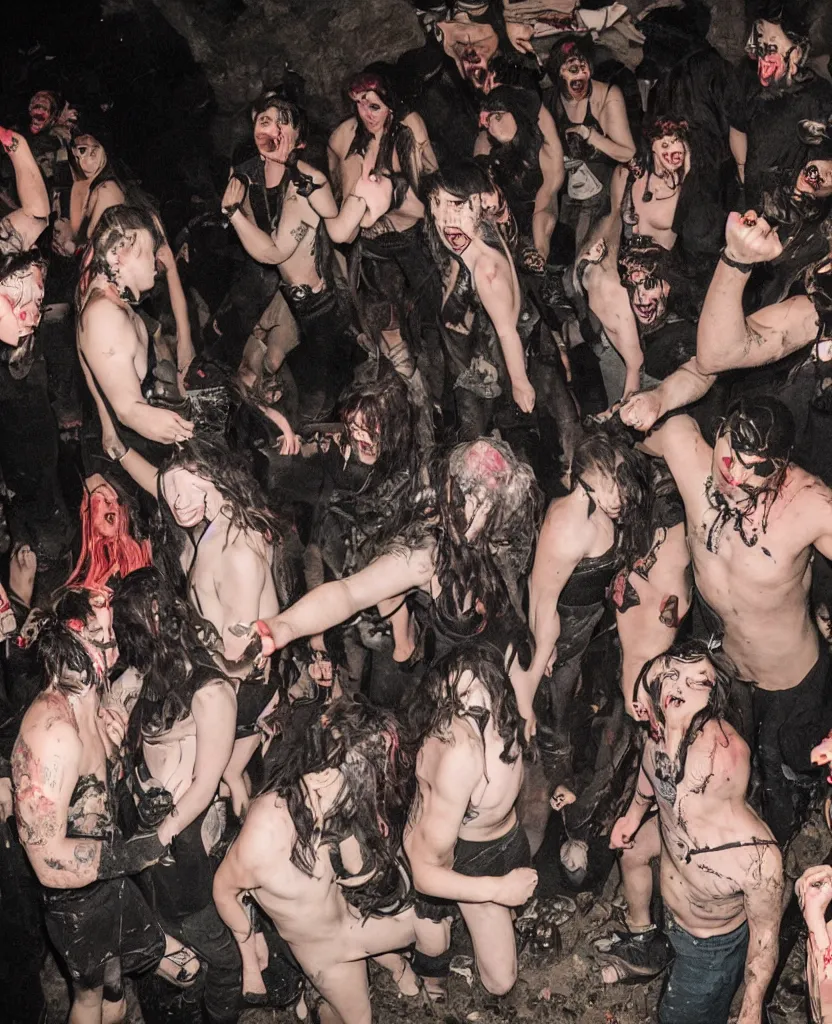 Image similar to photos of a wild underground party taken by merlin bronques, angry demonic death ghosts