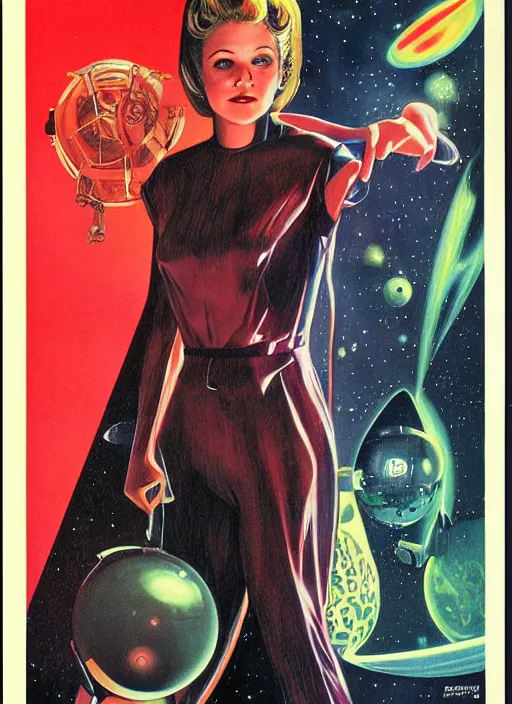 Prompt: Young Drew Barrymore as a badass space wizard from Logan's Run, retro science fiction cover by Kelly Freas (1965), vintage 1960 print, vivid, detailed