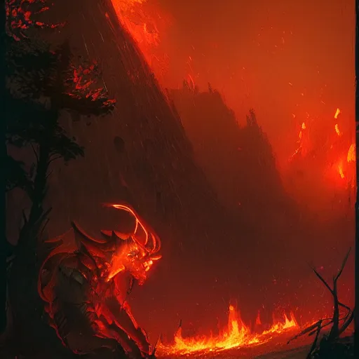 Prompt: A ferocious ember beast guarding the sacred grove, with scales burning red hot from the heat, DnD digital concept art by Greg Rutkowski