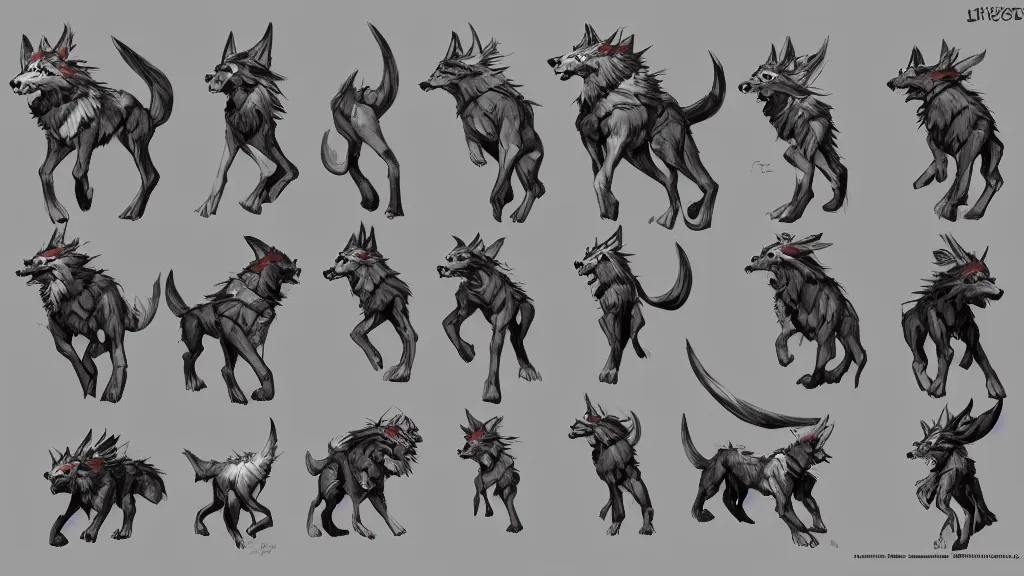 Image similar to a fantasy worg character mount design sheet, trending on artstation