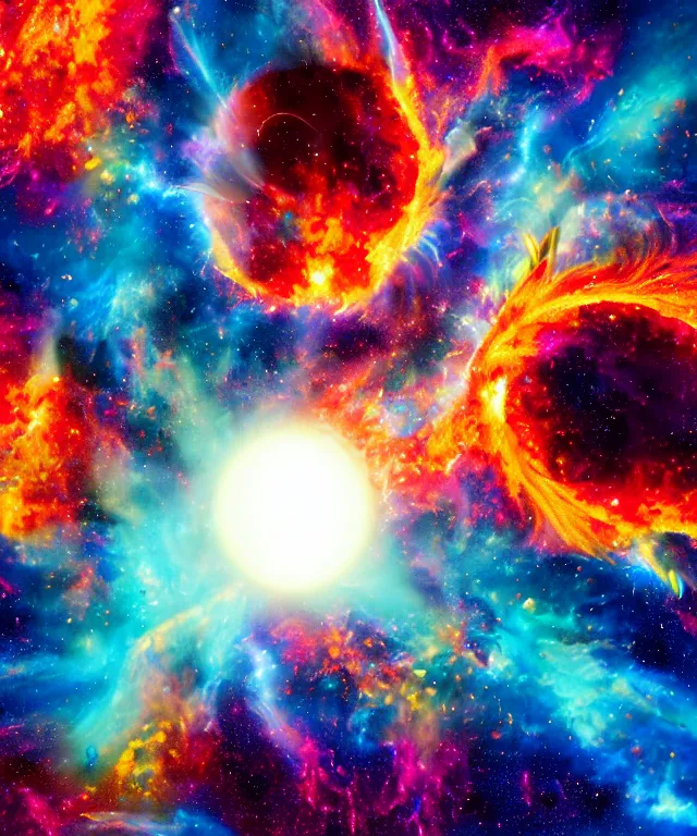 Image similar to black hole, sun, space, bright colors, phoenix flames, nebula clouds, soft tones