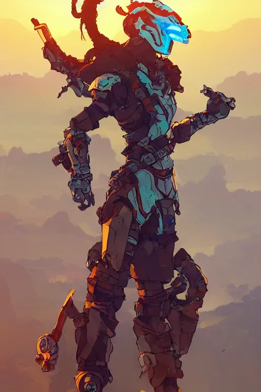 Image similar to combination suit armor aloy horizon forbidden west horizon zero dawn robot ninja mask helmet backpack tribal, art gta 5 comics, official fanart behance hd artstation by jesper ejsing, by rhads, makoto shinkai and lois van baarle, ilya kuvshinov, ossdraws radiating a glowing aura cgi rtx 2 0 2 2