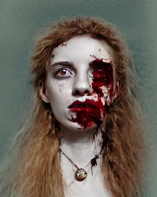 Image similar to an instant photo of a beautiful but creepy young woman in layers of fea, with haunted eyes and wild hair, wearing a vivienne westwood choker, 1 9 7 0 s, seventies, wallpaper, moorland, a little blood, moonlight showing injuries, delicate embellishments, painterly, offset printing technique, by mary jane ansell