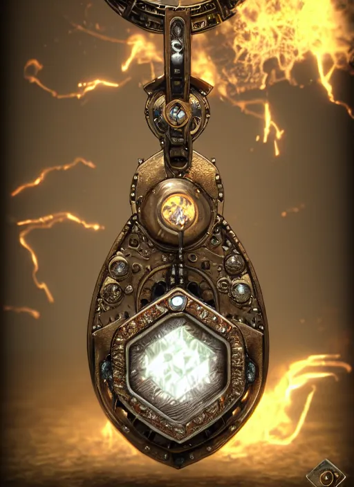 Image similar to amazing steampunk amulet with diamond jewel and small steam tubes, volumetric lightning, octane render, realistic impressive steam, extremely high detailed, trending on artstation