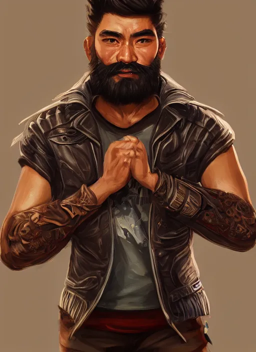 Prompt: a highly detailed illustration of bearded asian man wearing leather jacket with bandaged right hand, focused boxing philly shell stance pose, hands shielding face, intricate, elegant, highly detailed, centered, digital painting, artstation, concept art, smooth, sharp focus, league of legends concept art, WLOP