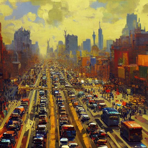 Image similar to A clutter scene of city traffic, maximalism, symmetry, high visual detail, photorealistic oil painting, by Ilya Repin and Asher Duran, artstation