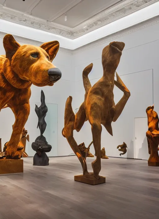 Prompt: a museum room with sculptures of velvet dogs made by koons