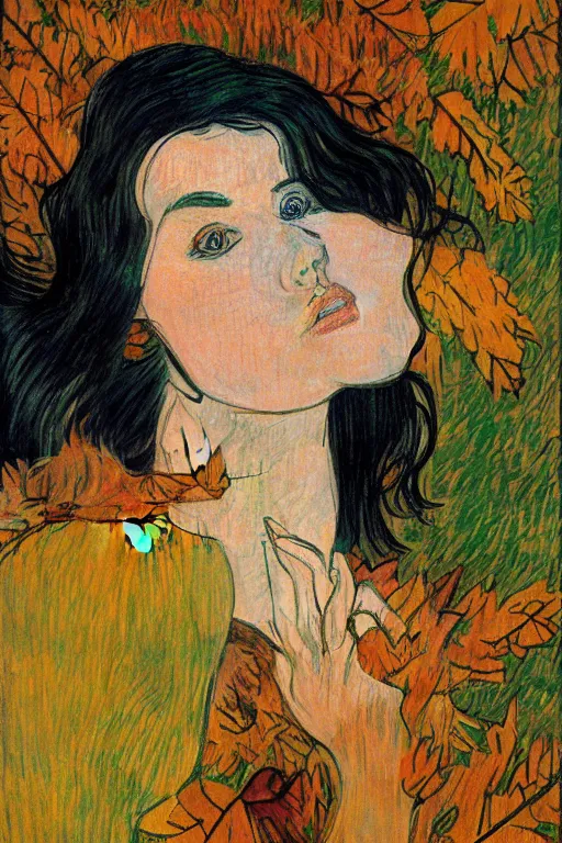 Image similar to young woman's face surrounded by Autumn leaves, long black hair, pale skin, symmetrical face, photorealism, 4k, dramatic lightning, by Toulouse-Lautrec,