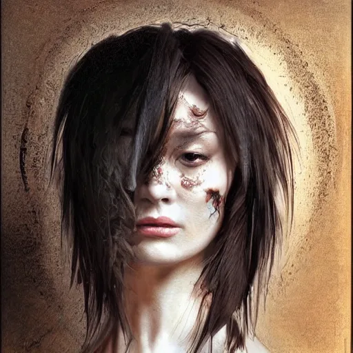 Image similar to portrait of a Shibari rope wrapped face and neck, headshot, insanely nice professional hair style, dramatic hair color, digital painting, of a old 13th century, traveler, amber jewels, baroque, ornate clothing, scifi, realistic, hyperdetailed, chiaroscuro, concept art, art by Franz Hals and Jon Foster and Ayami Kojima and Amano and Karol Bak,