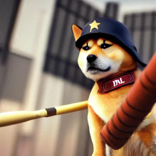 Image similar to shiba inu holding a baseball bat on his hand, police outfit, cinematic lightning, 4 k, ultra detailed, trending on artstation, anime, masterpiece, digital art.