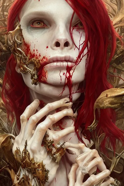 Image similar to pale woman with skeleton body covered with blood, long red hair, pretty face, ultra realistic, concept art, intricate details, highly detailed, photorealistic, octane render, 8 k, unreal engine. art by artgerm and greg rutkowski and alphonse mucha