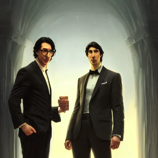 Image similar to painting of both john oliver and adam driver together, john oliver, adam driver, full body, elegant, beautiful, highly detailed, centered, dark, smokey, digital painting, concept art, smooth, sharp focus, illustration, deviant art, art by greg rutkowski, karol bak and peter mohrbacher