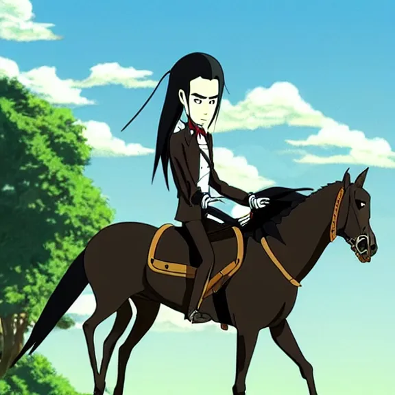 Prompt: long black hair vampire lord riding a skeletal horse, handsome, animation, studio ghibli