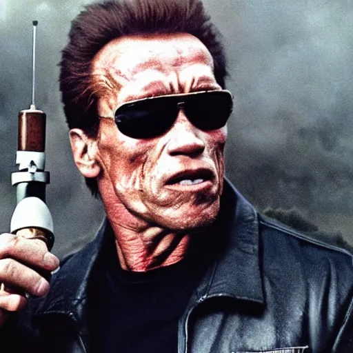 Prompt: A realistic photograph of arnold schwarzenegger as terminator smoking a pipe riding a skateboard, gloomy, action,