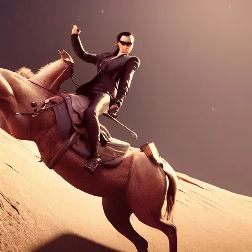 Image similar to neo from the matrix riding a horse on moon, detailed, hyper realistic, 4 k octan render, unreal 5