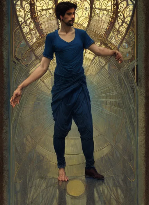 Image similar to handsome young man with short black hair, male, dressed in blue, looking down, half body shot, arms down, path traced, highly detailed, high quality, digital painting, bastien lecouffe - deharme, alphonse mucha, art nouveau