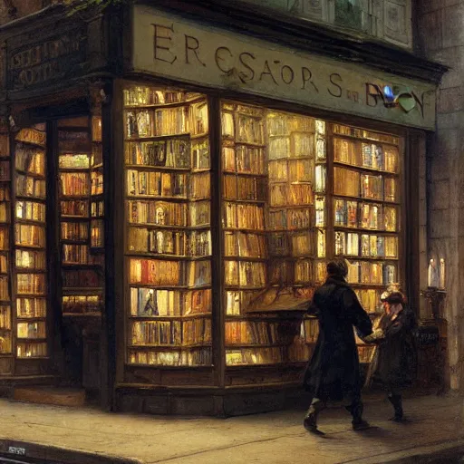 Image similar to jean-Baptiste Monge and Solomon Joseph Solomon and Richard Schmid and Jeremy Lipking victorian genre painting painting of an english 19th century english bookshop store front on a stone city streat with shops and stores at night with cozy lights