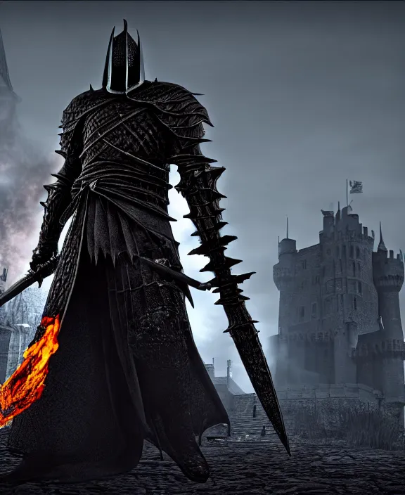 Prompt: anatomically correct dark souls knight with long sword on fire, dark night, castle on the background, wet surface, unreal engine 5, lumen technology, incredible detalization, film still, by alberto mielgo