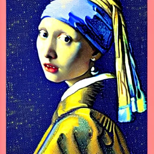 Image similar to girl with a pearl earring, in the style of the starry night by van gogh