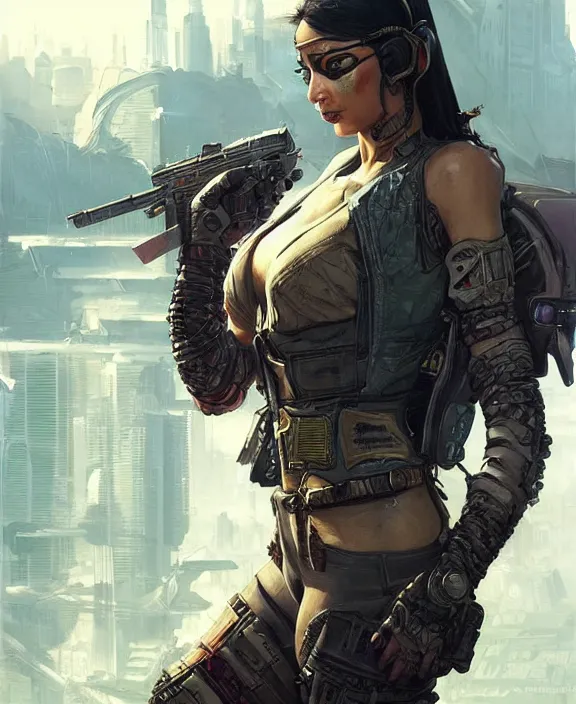 Image similar to cyberpunk mercenary with scenic background. portrait illustration. d & d, fantasy, intricate, elegant, highly detailed, digital painting, artstation, concept art, art by artgerm and greg rutkowski and alphonse mucha, boris vallejo