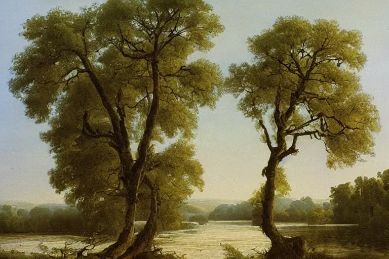 Image similar to painting of a old tree next to a meandering river by alexei savrasov