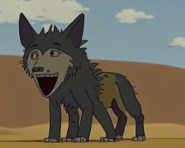 Prompt: a cell shaded cartoon grey six legged mechanic wolf from howl's moving castle ( 2 0 0 4 ), with a big head, on a desert road, wide shot, studio ghibli, hq