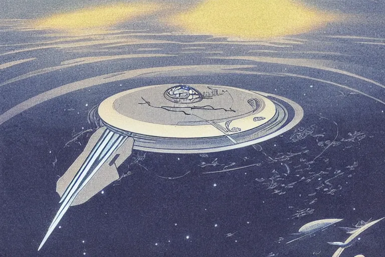 Prompt: an atlantidean organic spaceship drifting trough the sea of dirac, very detailed, in the style of hiroshi yoshida - c 9. 0