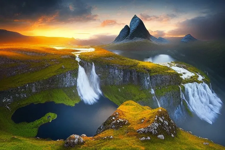 Image similar to Gediminas Pranckevicius amazing landscape photo of mountains of Norway with lake and castle on top of a waterfall with infinite view at sunset by marc adamus beautiful dramatic lighting ,