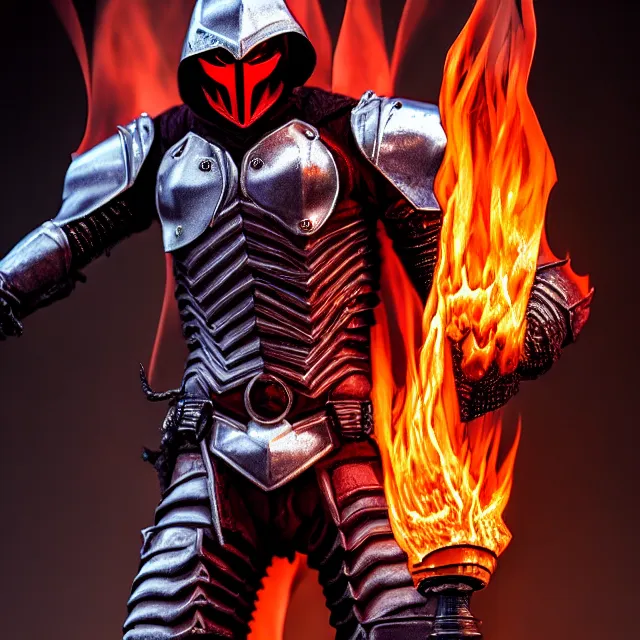 Prompt: hell knight with fire powers, highly detailed, 4 k, hdr, smooth, sharp focus, high resolution, award - winning photo, clayton crain, photorealistic