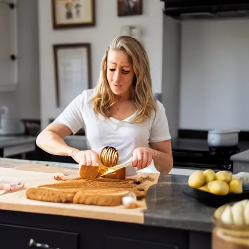 Prompt: A photo of emmymade, in her kitchen, making a honey sandwich, photorealistic, 8k quality