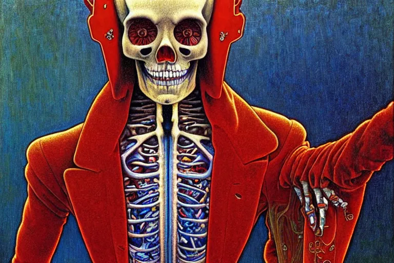 Image similar to realistic detailed closeup portrait painting of a single skeleton wearing red velvet blazer in a crowded futuristic moscow street by Jean Delville, Amano, Yves Tanguy, Alphonse Mucha, Ernst Haeckel, Edward Robert Hughes, Roger Dean, rich moody colours, blue eyes