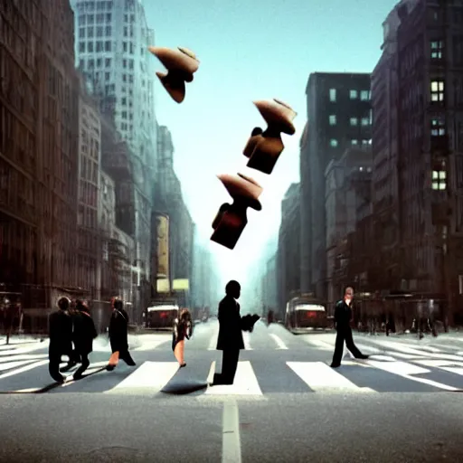 Image similar to People crossing the street from the movie Inception by Christopher Nolan, recursive intersections, surreal, photograph, highly detailed, high evolution, legendary, smooth, sharp focus, dynamic lighting, 4k, by Rene Magritte