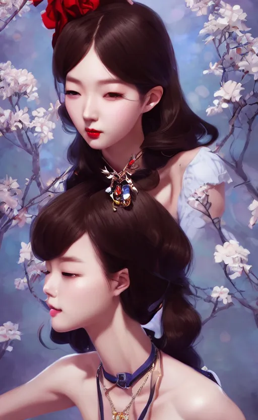 Image similar to a pin up and beautiful fashion charming dreamlke korea girl with lv jewelry, character art, art by artgerm lau and kyoung hwan kim and and ilya kuvshinov and john singer sargent, hyperdetailed, 8 k realistic, symmetrical, frostbite 3 engine, cryengine, dof, trending on artstation, digital art