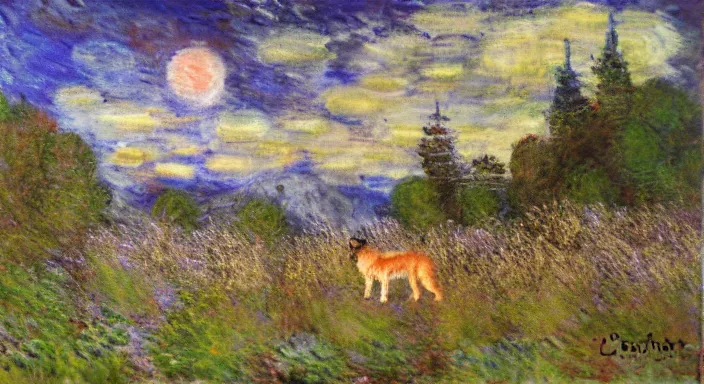 Image similar to lone wolf in the scottish highlands dreamy monet apocalyptic, acrylic painting