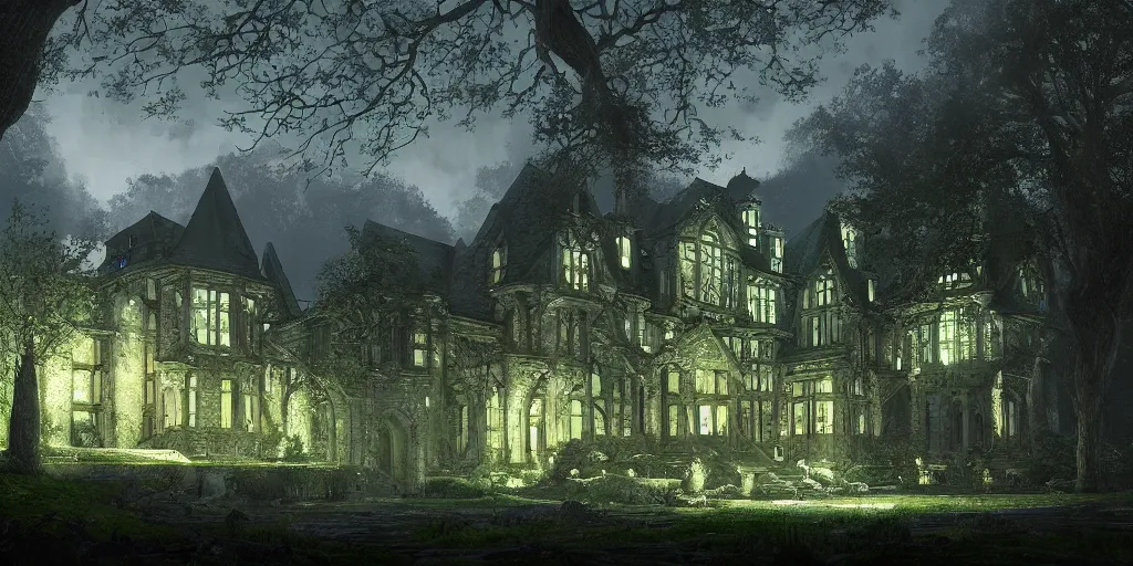 Prompt: beautiful render of a manor in the middle of the forest, unreal engine,, at night, medieval!!!!, green, dark blue!!!!, bright, artstation, detailled, manga!!!, fantasy!!!!!! by greg rutkowski